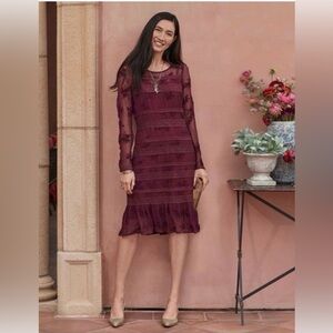 Sundance Catalog Midi Dress Burgundy Red Long Sleeve Lacey Size 6 Poiret…